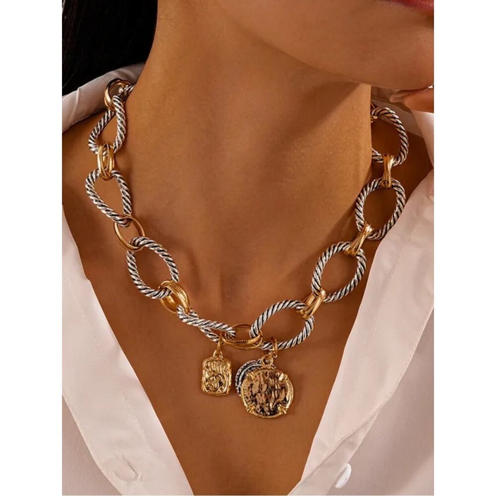 Zara Stainless Steel Two Tone Coin Statement Necklace Chunky Vintage Luxe Boho - Picture 9 of 15